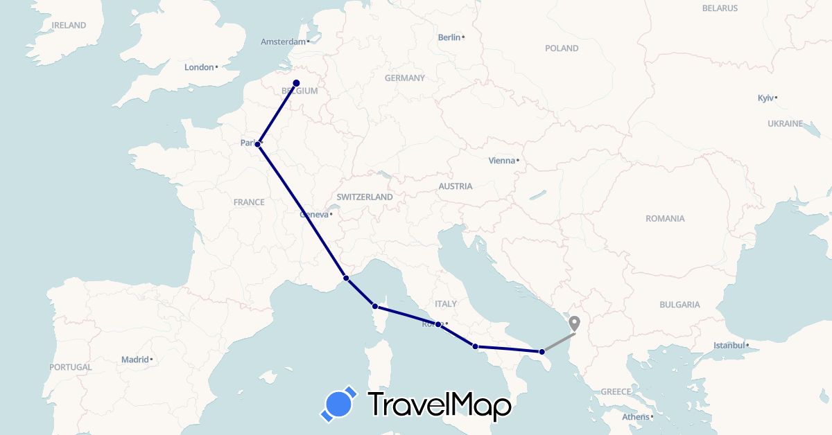 TravelMap itinerary: driving, plane in Albania, Belgium, France, Italy (Europe)